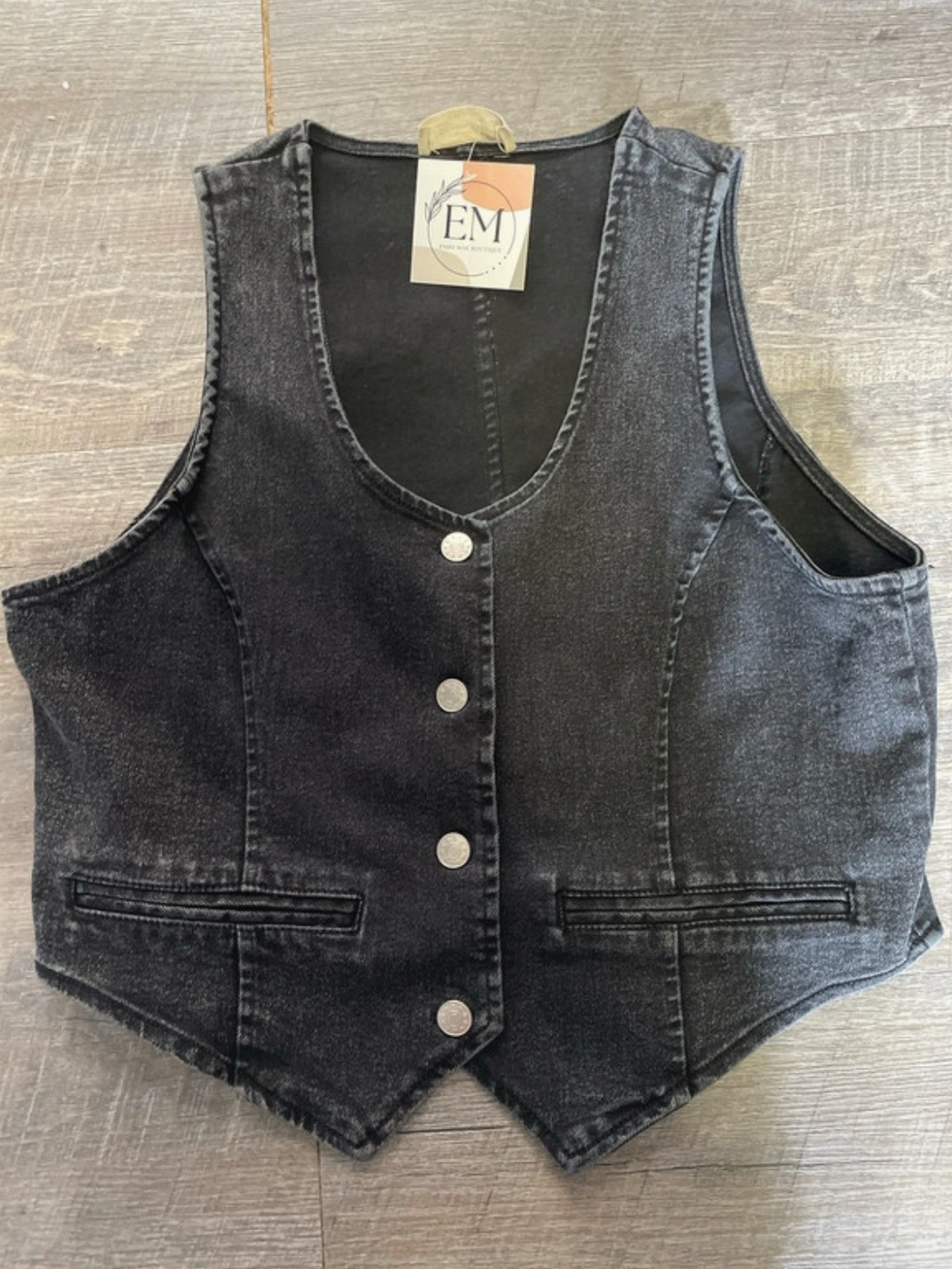 Boutique Washed Black Denim Vest - Sleeveless Button Front